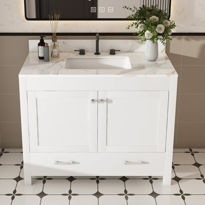 Modern 43"Bathroom Vanity With Artificial Marble Karalakin Color  Set , Multi-Functional Bathroom Cabinet With Doors And Drawer, Solid Frame And MDF Board ( Three Faucet Hole)