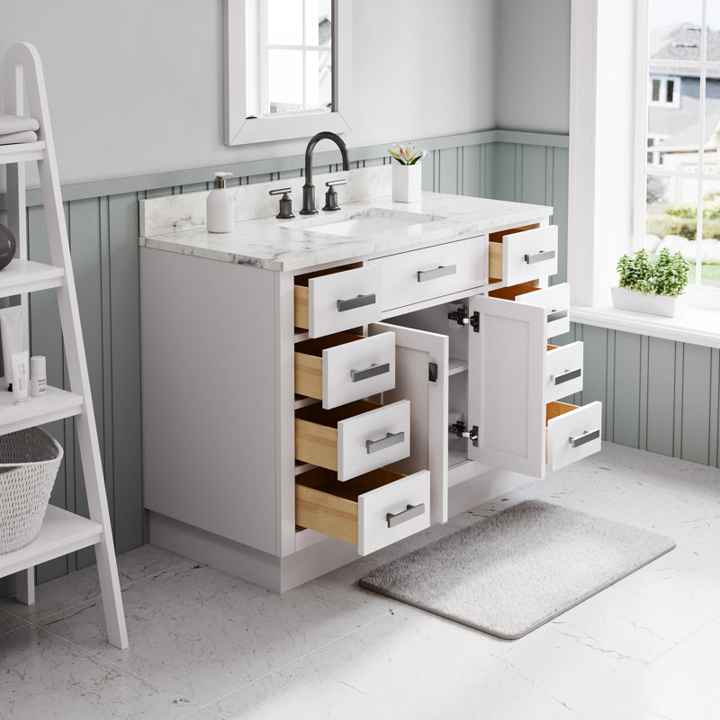 Hartford 48 In. Single Sink Carrara White Marble Countertop Bath Vanity In Pure White With Gooseneck Faucet