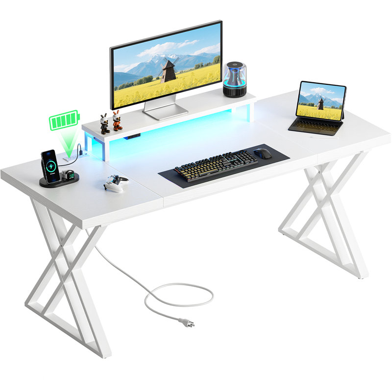 70.8in Large Computer White Wooden Office Desk Workstation,modern Simple Style Laptop Desk Thick Study Writing Table Business Furniture For Home Office,led Lights
