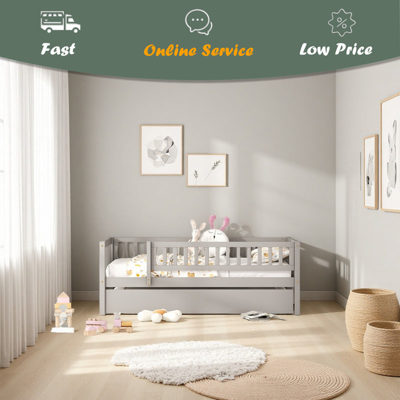 Twin Size Wood Daybed With Trundle And Fence Guardrails, Gray