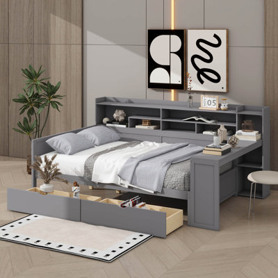 Wooden Full-Size Daybed With Integrated Storage, Multi-Functional Bed Includes Two Drawers And A Study Table