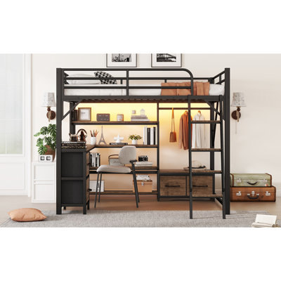 Grand lit mezzanine avec bureau et DEL, lit mezzanine en métal avec tablettes de rangement, garde-robe et tiroirs de rangement pour garçons filles (ancien SKU W2593S00036)