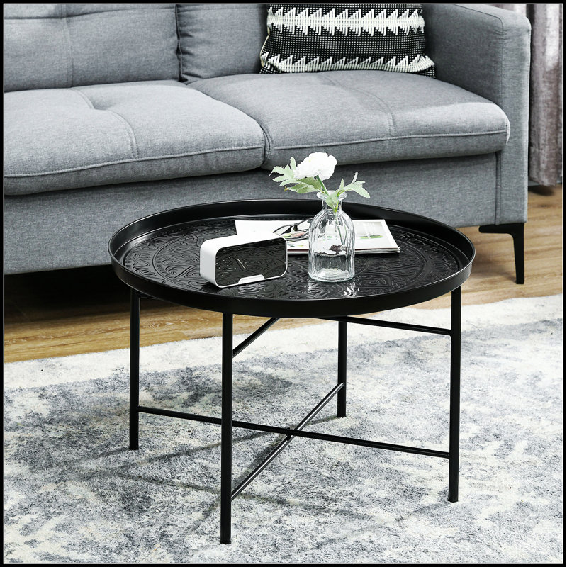 24-Inch Round Coffee Table With Hammered Tray Top, Sturdy Metal Frame For Living Room And Bedroom, Black