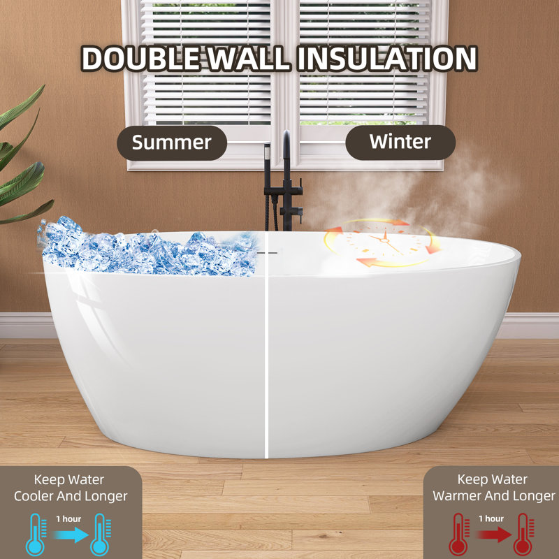 Baignoire de trempage en acrylique autoportante de 55 pouces avec trop-plein et drain