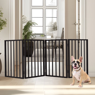 PETMAKER 4-Panel Indoor Pet Gate for Dogs and Small Pets, Foldable Freestanding Dog Fence for Stairs, Hallways, Doorways, 72 x 24 Inch Wooden Pet Barrier, Black Finish with Easy Storage Panels