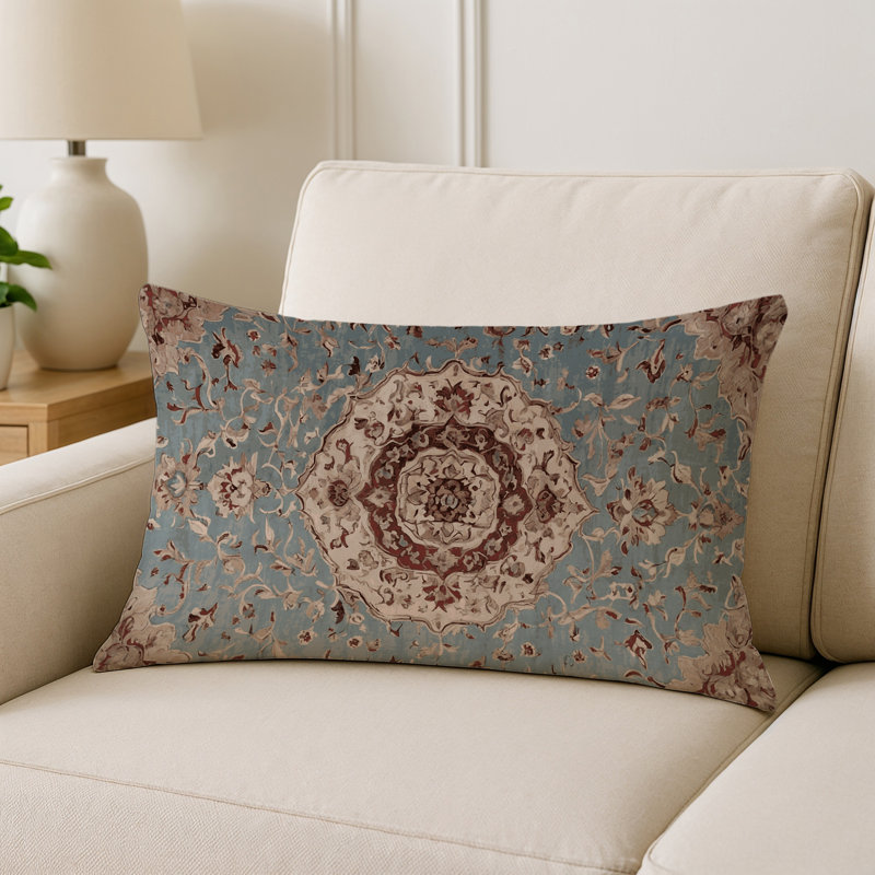 Coussin décoratif intérieur et extérieur Modern, Sarcelle / bourgogne / ivoire damassé, Rectangle H 20 po x l 14 po