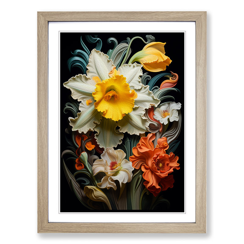 Daffodil Flower Baroque - Framed Print, Oak , 64cm H x 46cm W x 2cm D