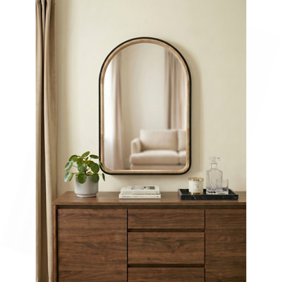 Miroir arqué 23,6 po x 35,4 po à deux tons noir mat et bois naturel