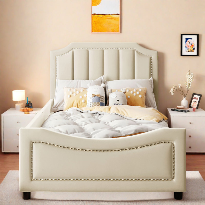 Upholstered Daybed With Classic Stripe Shaped Headboard, Beige