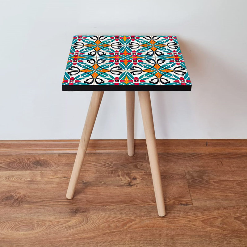 Elegant Side Table with Beech Wood Legs, 13.8 x 16.5 x 13.8 inches | 100% MDF Construction, Thickness: 0.7 inches | Ethnic Geometric Design Perfect for Living Room, Bedroom & Modern Décor
