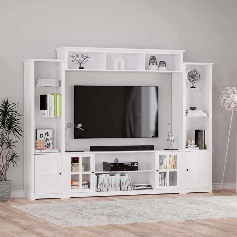 4 Piece Wall Unit Tv Stand With Bookshelf, Modern Tv Console Table Media Large Entertainment Center With Open Shelves For Tvs Up To 65", Living Room Wine Cabinet Display Cabinet, White