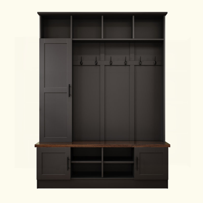 Versatile 3-In-1 Hall Tree With 6 Hooks, Farmhouse Walnut Storage Bench With Adjustable Shelves, 55"W Modern Entryway Coat Rack With Multiple Storage Space For Mudroom, Living Room