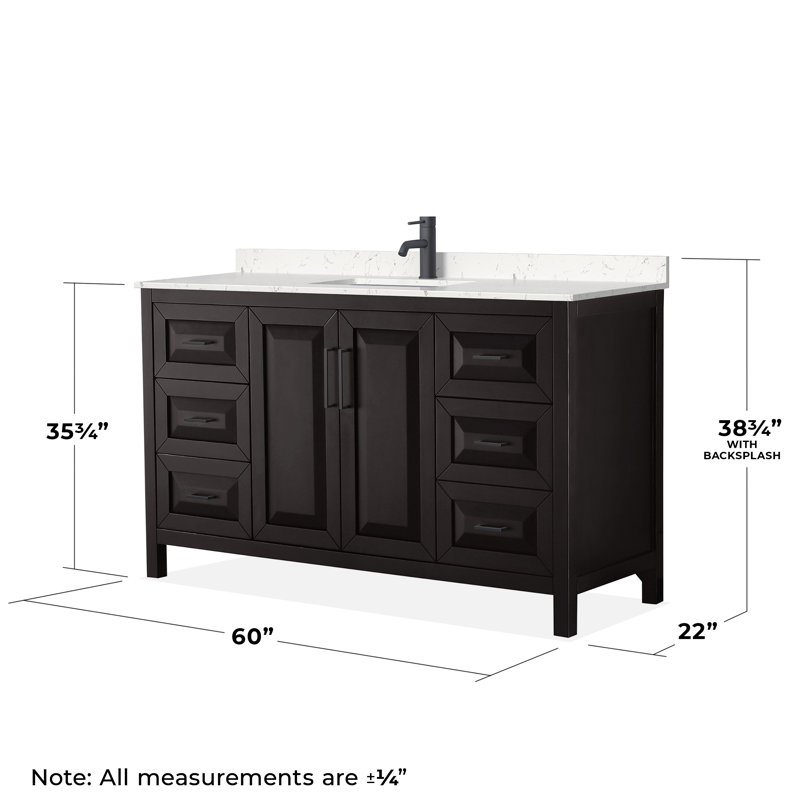 Ensemble de meuble-lavabo simple 60 po Daria, Marbre de culture de Carrare, Espresso foncé, Noir mat