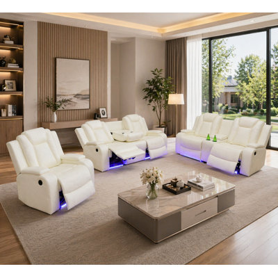 White Breathing Leather 3-Piece Reclining Living Room Set With Led Light And Wireless Charging