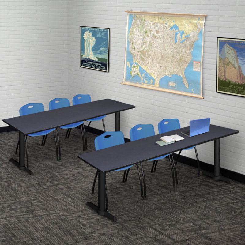 Table de formation Neyland Cain T-Base et 3 chaises empilables, Bleu, Gris
