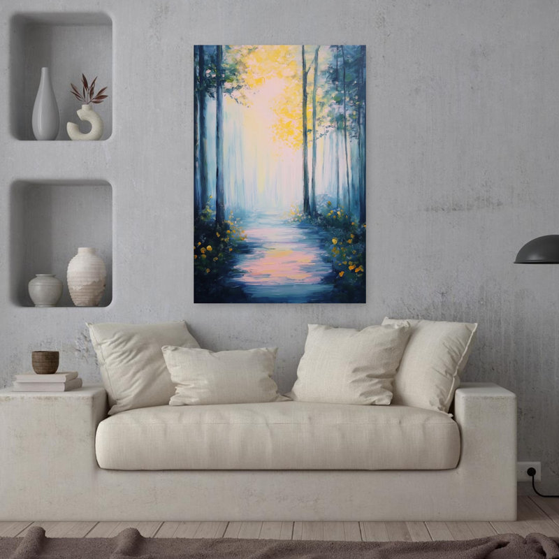 «Blue Forest At Sunrise», art mural contemporain abstrait, H 36 po x l 24 po