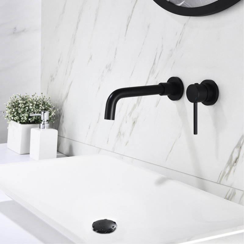 Robinet de salle de bain mural à poignée simple avec bonde escamotable pour éviers sans trop-plein, éblouissement noir mat, bec de livraison à 360 degrés, route de passage d'eau aérée à haute efficacité et installation rouillée, rapide
