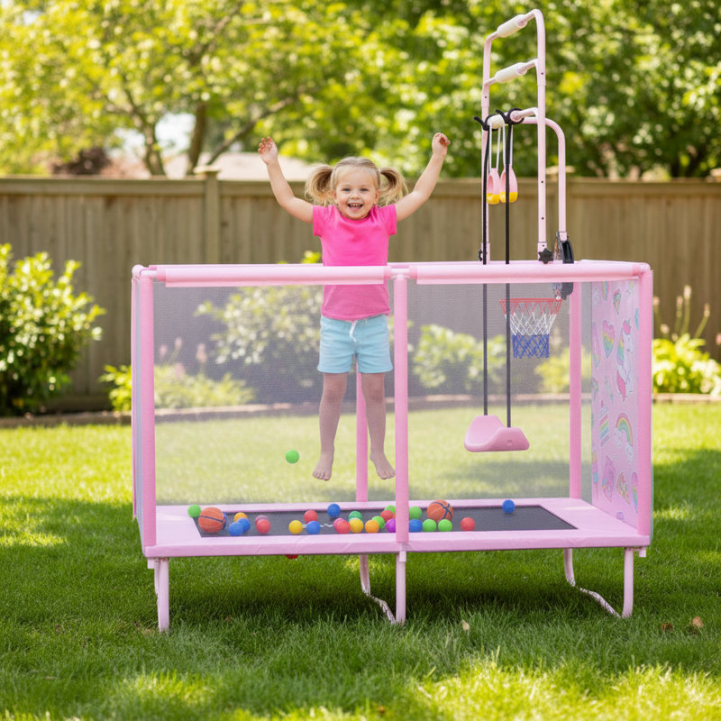 Trampoline d'intérieur pour enfants avec enceinte sécuritaire - structure en acier à 6 pieds
