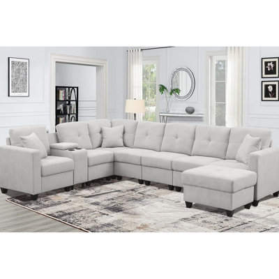 7 - Seat Sectional In Grey, Velvety Microfiber, Skin Design, Two Cup Holders And Solid Wood Structure , Soft Velvet Fabric, High Density Cushions, Extended Use, Holders, Support