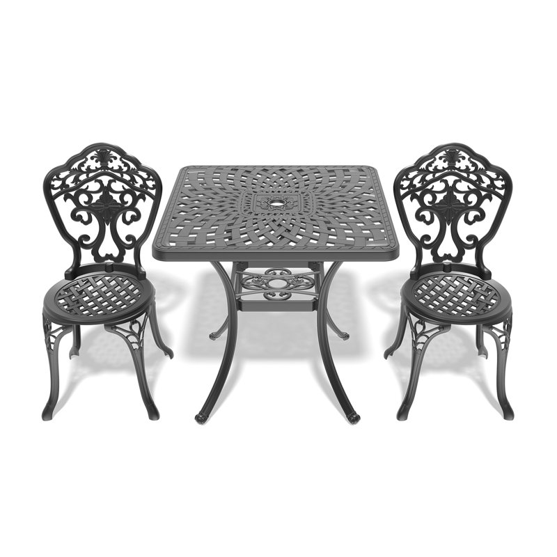 Ensemble de salle à manger d'extérieur carré en aluminium noir, chaise de taille compacte (largeur du siège: 15,35 po), trou de parasol, résistant aux intempéries