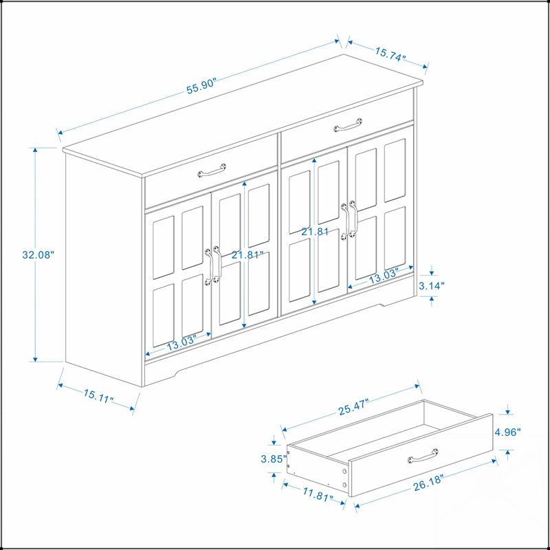 Grande armoire buffet de style campagnard avec 2 tiroirs, rangement spacieux pour l'élégance de la salle à manger et du salon