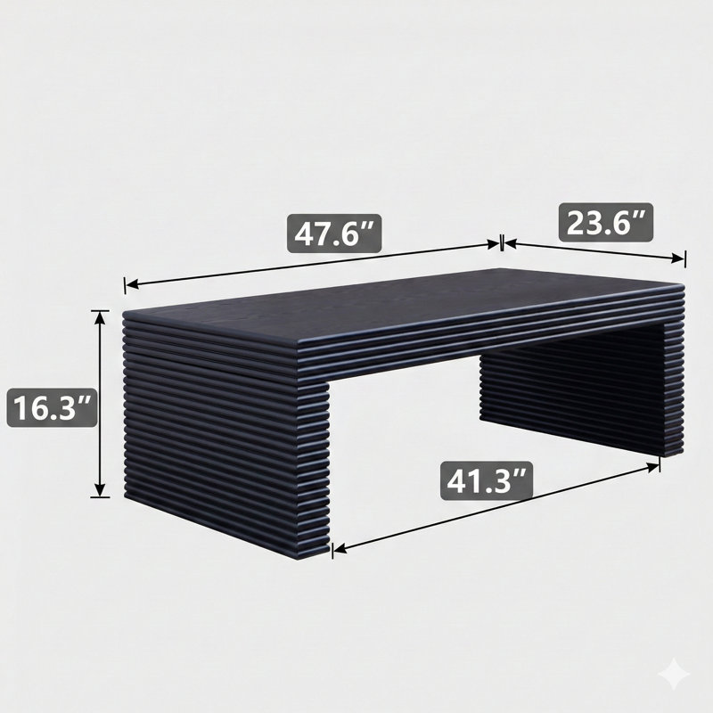 Table centrale 47,6 po contemporaine en noir avec un design nervuré. Une table rectangulaire à profil bas conçue comme pièce maîtresse du salon.