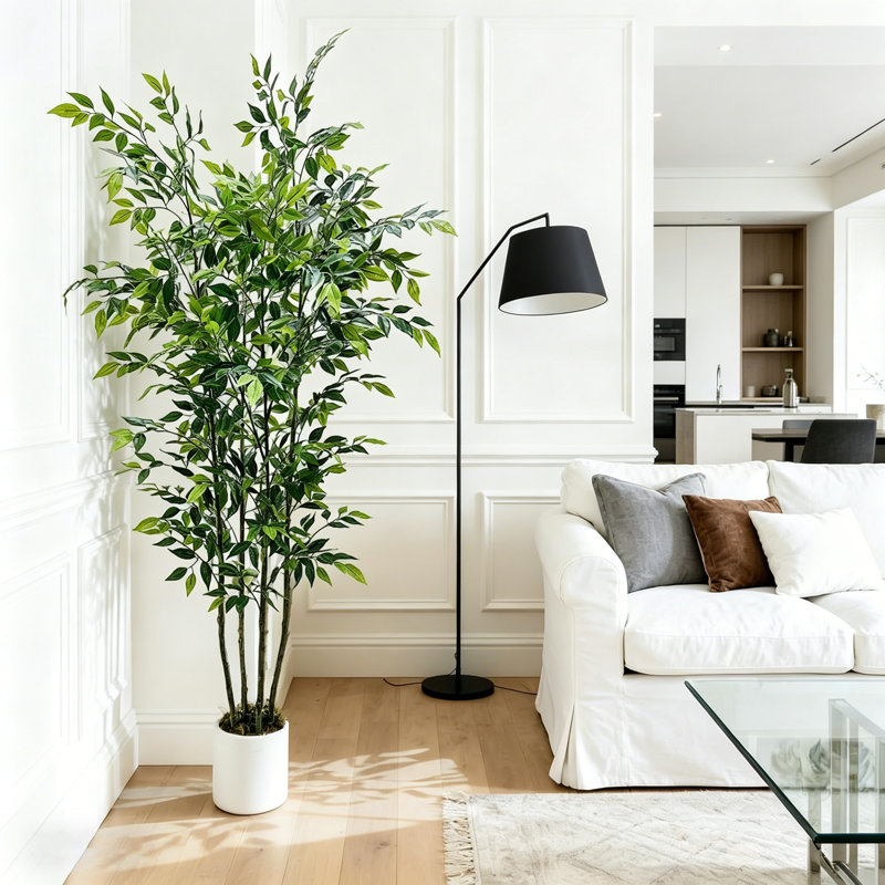 Arbre à ficus artificiel de 6 pi de hauteur avec pot à fleurs en plastique blanc et mousse verte, plantes artificielles avec feuilles de soie réalistes, arbre artificiel résistant aux rayons UV pour la maison, le bureau et le jardin