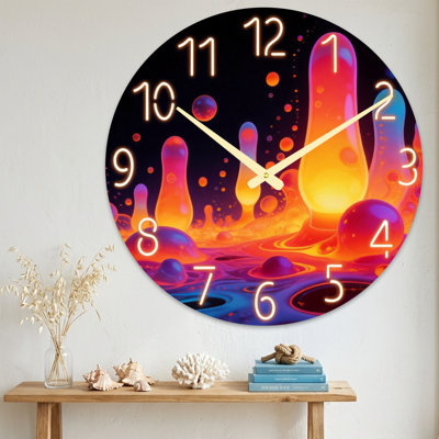 Abstract Neon Lava Flow Abstract Art Design Clock Face Ultra Clear Glass Wall Clock