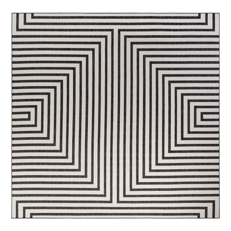 Tapis intérieur / extérieur en polypropylène tissé à la machine géométrique blanc / noir, Carré 13 pi 1 po