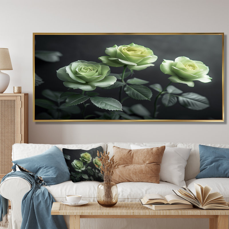 Nirvana blanc blanc et vert - Roses, art mural de salon, Cadre flottant doré, 34" H x 44" W