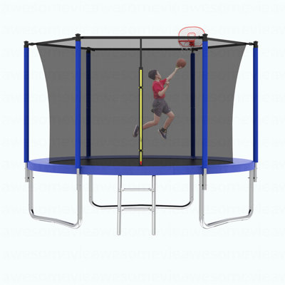 10FT Trampoline For Kids, Basketball Hoop And Ladder, Outdoor Kids Trampoline With Safety Enclosure,Fast Assembly For Backyard Fun,ASTM Approved