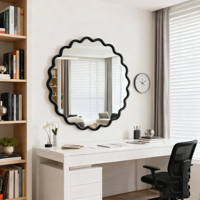 Miroir ondulé en bois massif 36 po x 36 po, Noir, 35,6 po x 35,6 po
