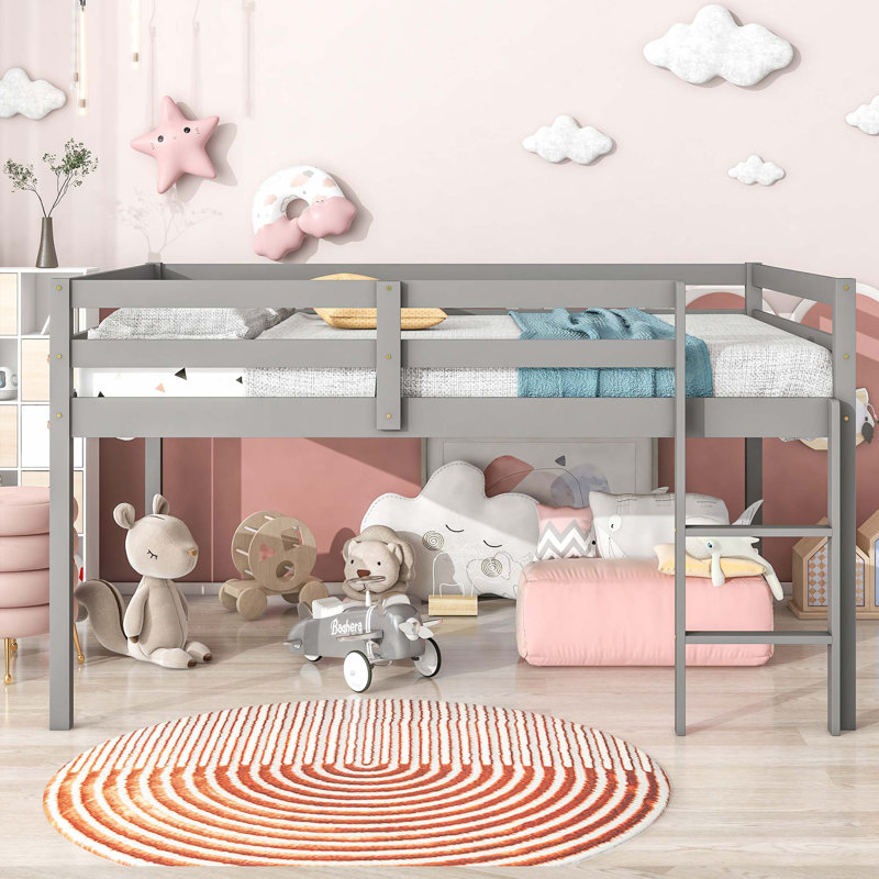 Lit mezzanine avec échelle en bois massif, Gris