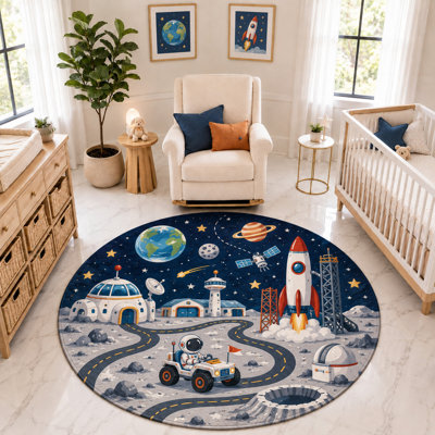 Tapis rond « Ultra Fin » 183 x 183 cm, motif planète extraterrestre et aventure spatiale, tapis d'intérieur doux à poils courts avec envers antidérapant en silicone, idéal pour la chambre d'enfant, la chambre de bébé et la salle de jeux.