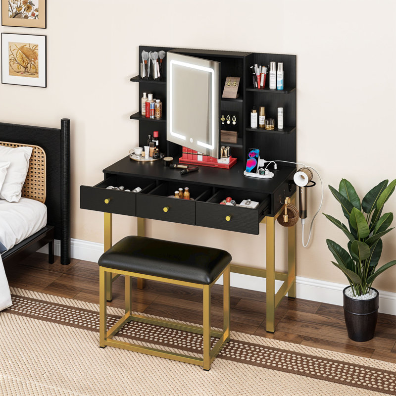  Coiffeuse de maquillage avec miroir lumineux à DEL, Noir