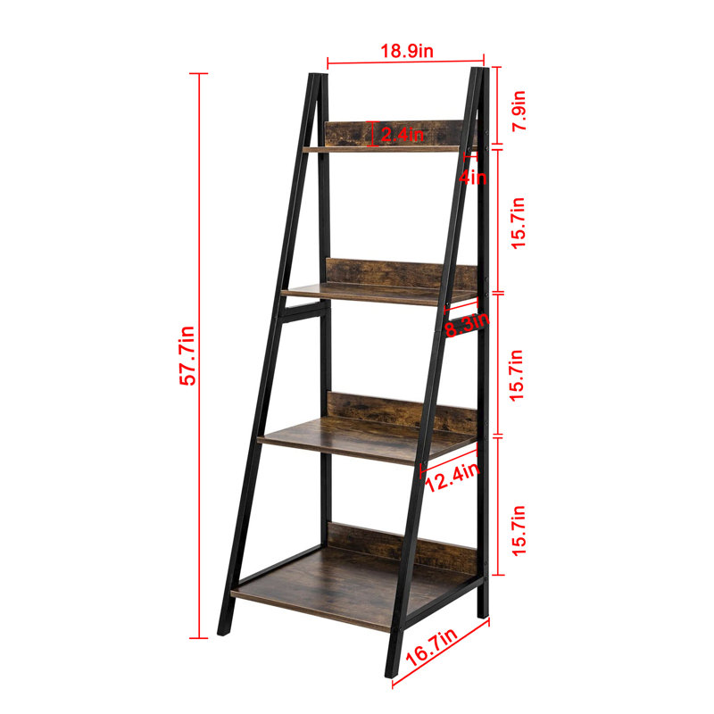 Ciqala Ladder Bookshelf 4 Layer Bookcase with Backboard, Vintage Brown