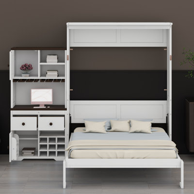 Grand lit escamotable avec armoire, support à vin, porte-verre, tiroirs et bande DEL multicolore