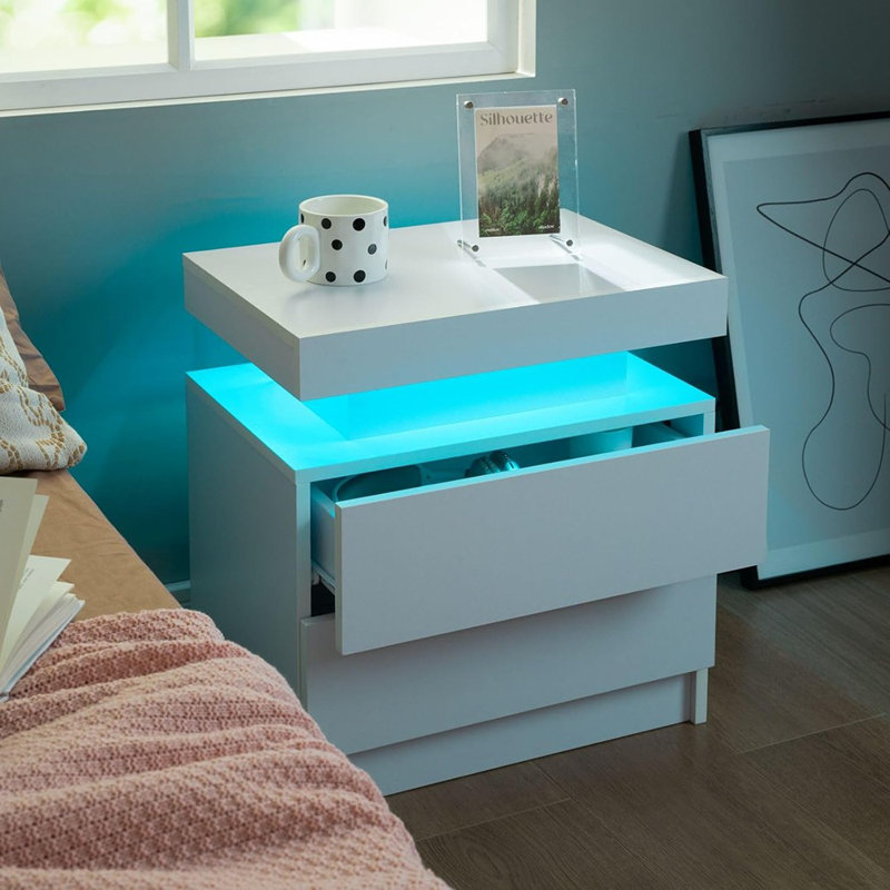 Table de chevet avec 2 tiroirs, 2 tables de chevet à DEL, table de chevet avec tiroirs pour la chambre à coucher, blanc
