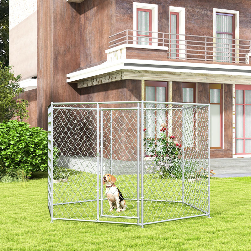Dog Kennel, Silver, 9.2'L X 8'W 5.6'H. Outdoor For Medium & Large Dogs. Secure Lockable Gate. Spacious Playground. Comfortable. . Quick Setup Process 9.2' 8' 5.6' Kennel Dogs, Silver. For Breeds.