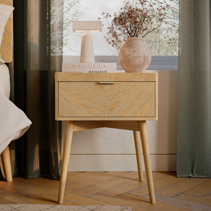 Loki Mid Century Modern Solid Wood Nightstand with Iconic Chevron Front Drawer & Elegant Tapered Legs, Premium Hevea Wooden Bedside Table With Ball Bearing Slide