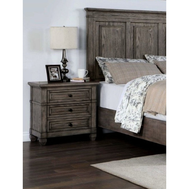 Table de chevet en bois massif, 3 tiroirs, gris chaud, table de chevet transitionnelle gris brossé avec 3