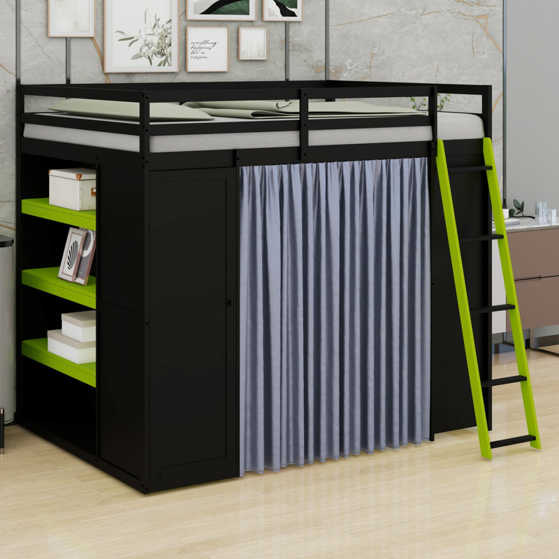 Structure de lit mezzanine en bois peu encombrante avec garde-robe intégrée, tablettes de rangement, rideaux occultants et lumières RVB