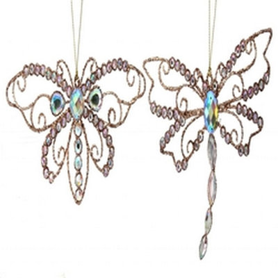 Set Of 2 Glitter And Jewel Look Dragonfly And Butterfly Ornaments
