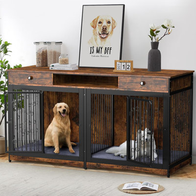 Meuble télé pour chien 70,86 "avec 2 tiroirs et 2 chambres à coucher, table de bout en bois pour chenil avec diviseur amovible pour grands chiens