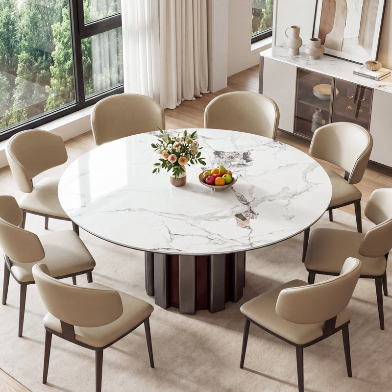 Table de salle à manger ronde de 150 cm (59 po) en pierre frittée blanche avec pied central, pouvant accueillir de 8 à 10 personnes