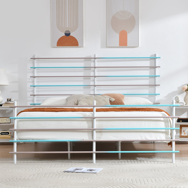 Modern Metal Platform Bed Frame with Colorful Horizontal Bars - Multiple Colors Available, No Box Spring Needed, Sturdy Steel Construction, Easy Assembly