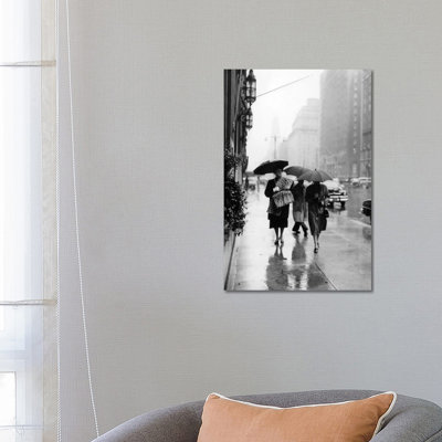 1950s Fashionable Woman Wearing Leopard Skin Muff And Stole Walking Down Rainy City Street - Wrapped Canvas Print