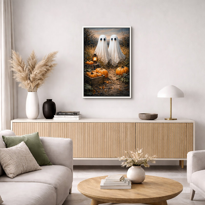 Halloween fantômes avec citrouilles, art d'automne rustique, photos de salon, impression sur toile encadrée, Cadre blanc
