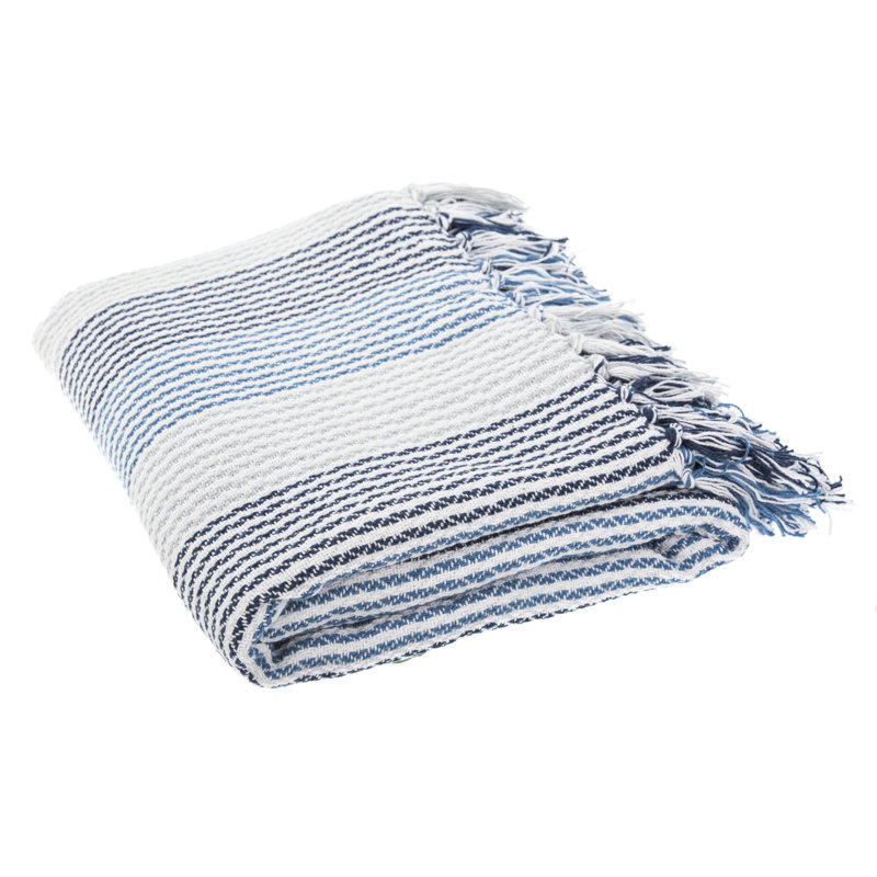 Blue and White Knitted Cotton Fringe Throw Blanket