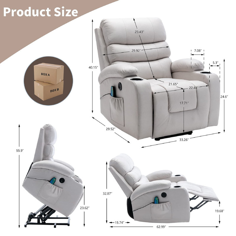 Power Lift Recliner Chair with Massage and Heat for Elderly, with 2 Cup Holders, White Faux Leather